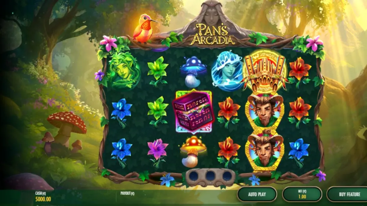 Tampilan visual slot Pan’s Arcadia dengan latar hutan Yunani kuno yang memukau